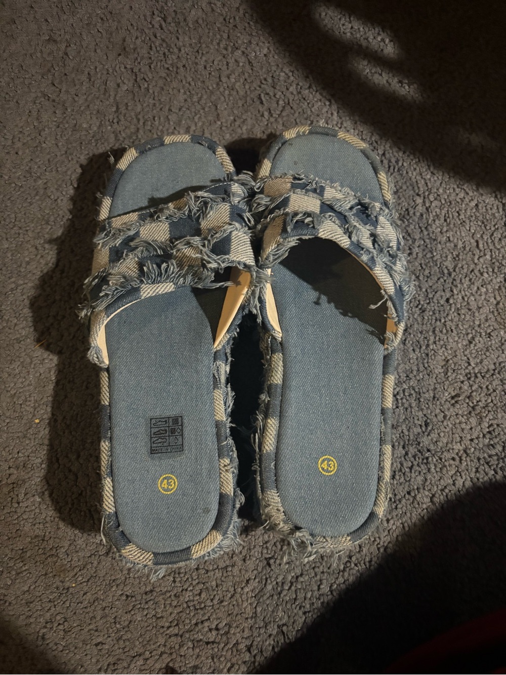 Frayed Denim Check Slide Sandals - Blue